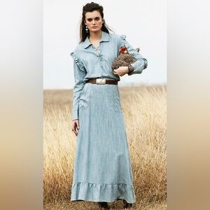 Double D Ranch Homesick Blues Chambray Skirt 12 Long Maxi Pockets Ruffle